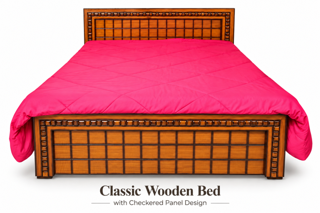 Classic Wooden Bed with Checkered Panel Design