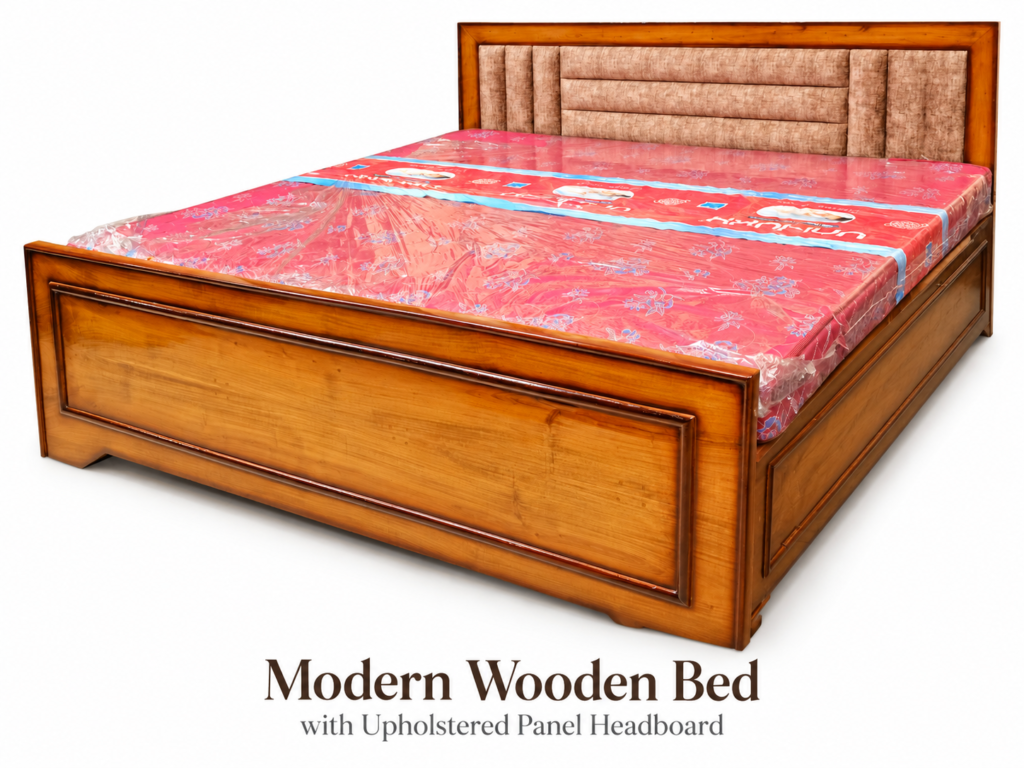 Modern Wooden Bed with Upholstered Panel Headboard