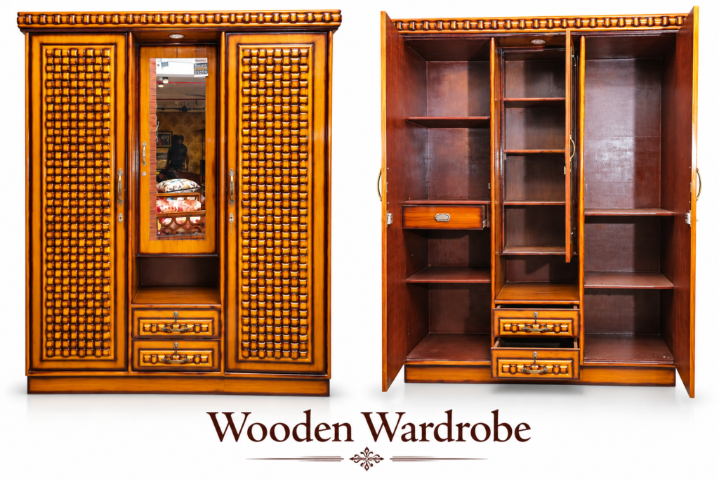 Wooden Wardrobe with Mirror & Drawers