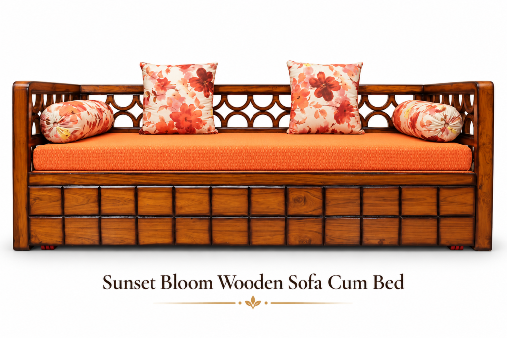 Sunset Bloom Wooden Sofa Cum Bed