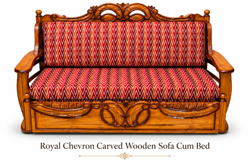 Royal Chevron Carved Wooden Sofa Cum Bed