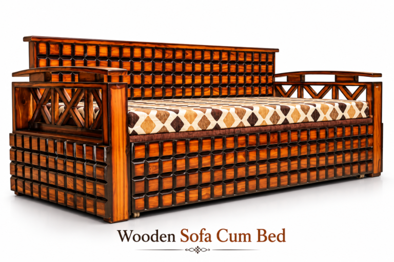 Woven Grid Wooden Sofa Cum Bed
