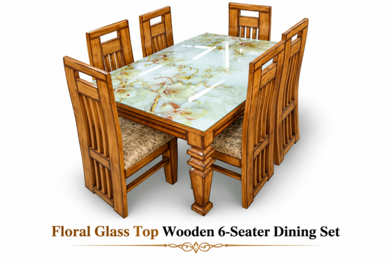 Floral Glass Top Wooden 6-Seater Dining Set