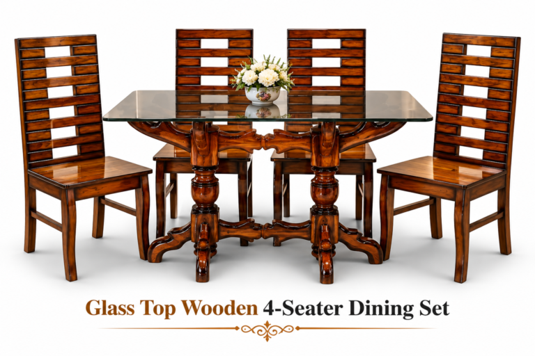 Glass Top Wooden 4-Seater Dining Set