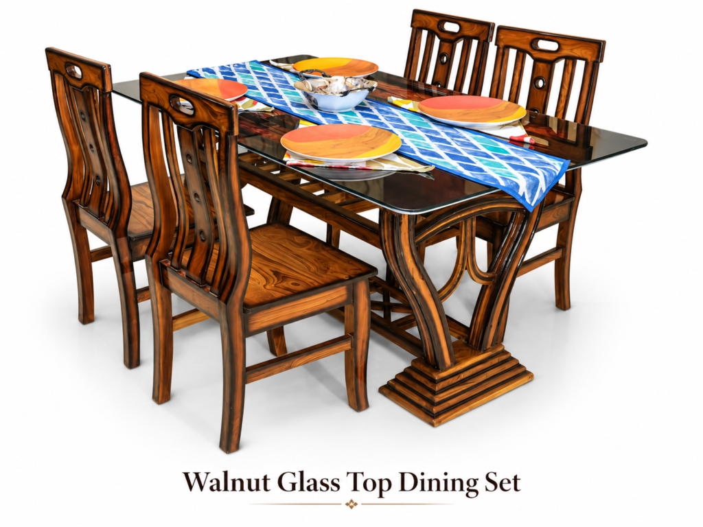 Walnut Glass Top 4-Seater Dining Set